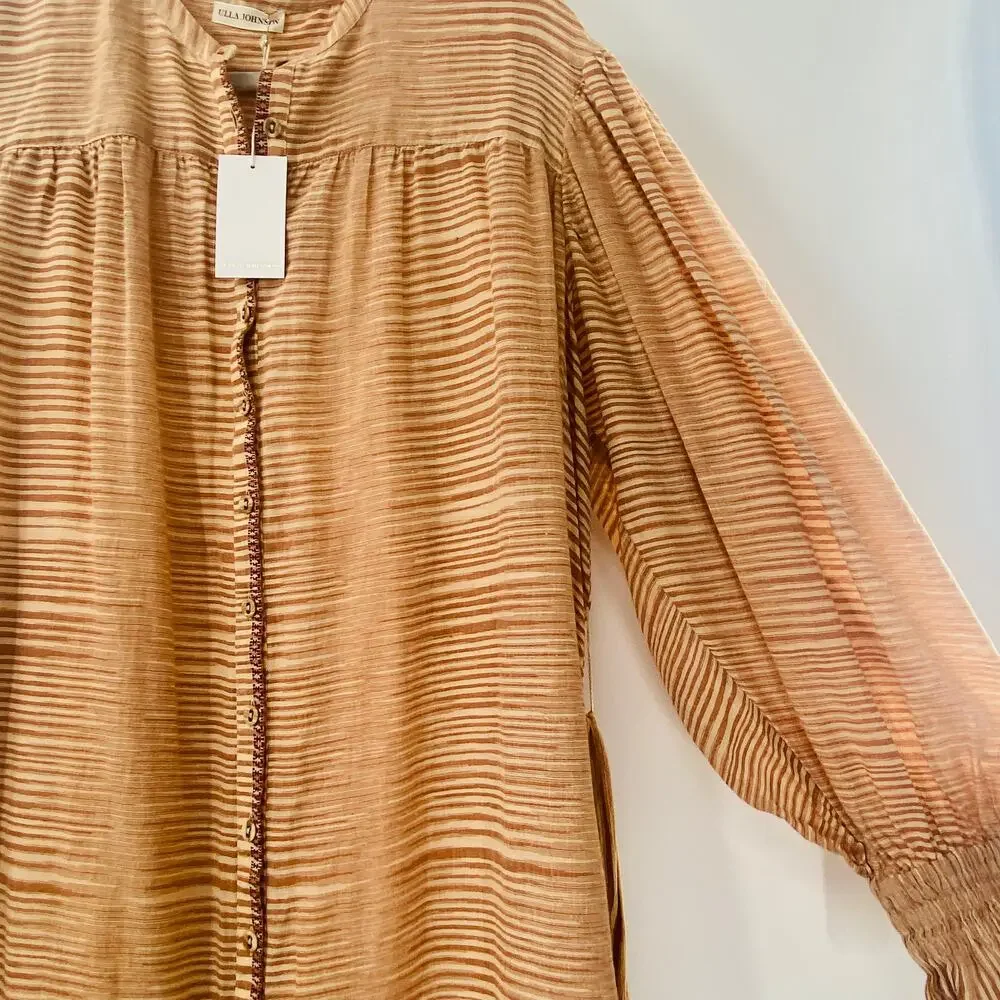 NEW Ulla Johnson Fiora Striped Shirt Dress Medium Sz 8 Beige Tan Brown Feminine